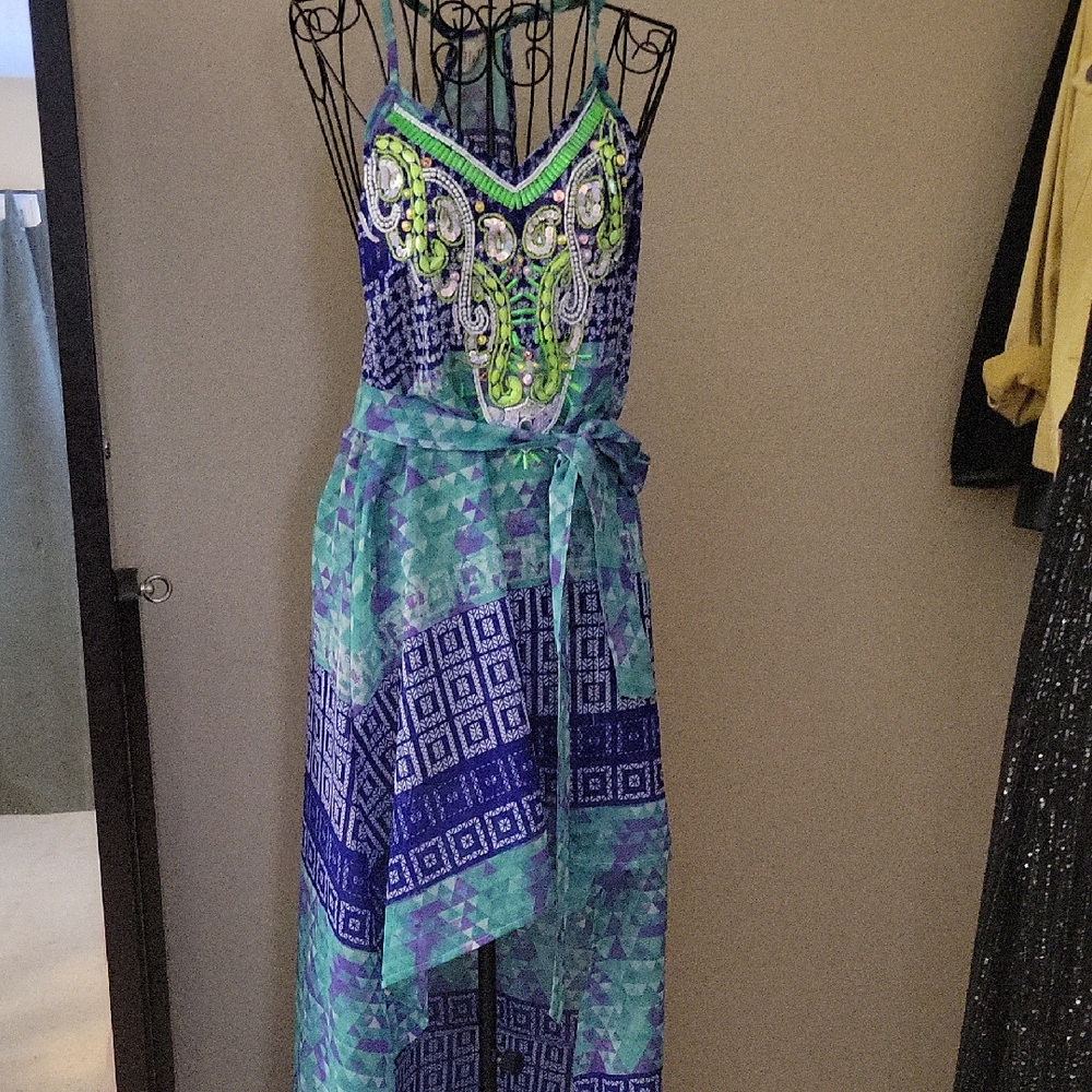 Lucky&Coco Hi-Lo Dress with Blues/Green Sequin Accent Tie Waist Sz SM $21